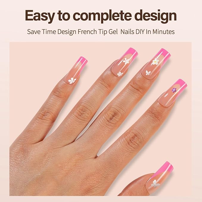 300Pcs French Gel Nail Tips, Vansiho Long Square Nail Tips, Pink Pre-French Tips Press on Nails, Acrylic Fake Nails for Nail Art DIY 15 Sizes