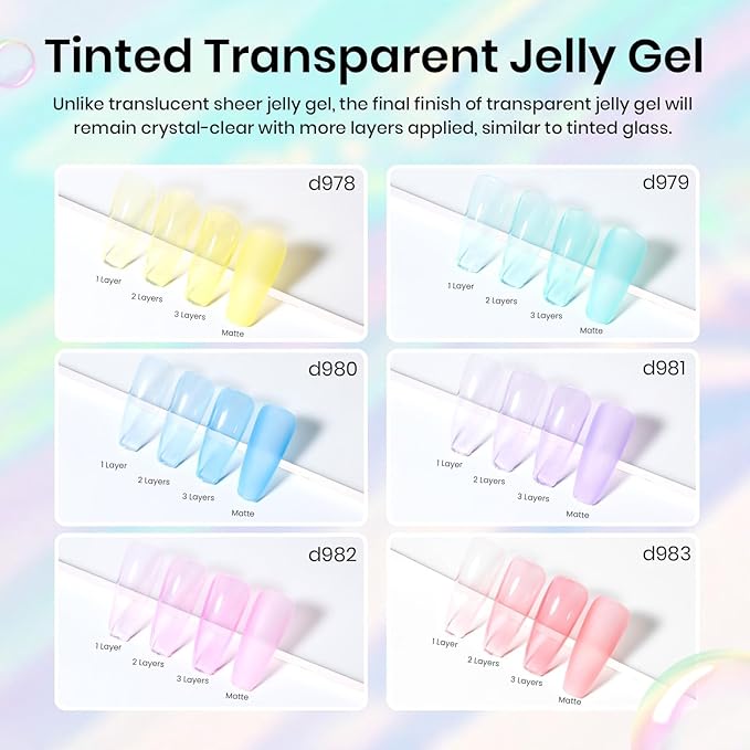 Beetles Pastel Gel Nail Polish Set, 6 Colors Jelly Pink Red Blue Green Purple Yellow Gel Polish kit Spring Summer Crystal Glass Translucent Effect Rainbow French Nail Art Soak Off UV Gift for Women