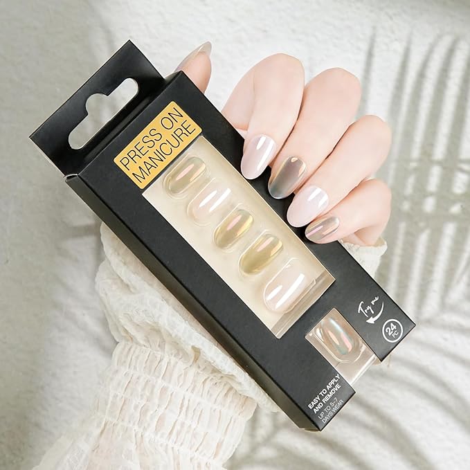 Short Oval Press On Nails - Light Pink Iridescent Cat Eye Nails With Pearlescent Shine,For Women,Teens,And Kids?Ideal For Everyday Wear,School,And Casual Outings, 24 Nails In 12 Sizes
