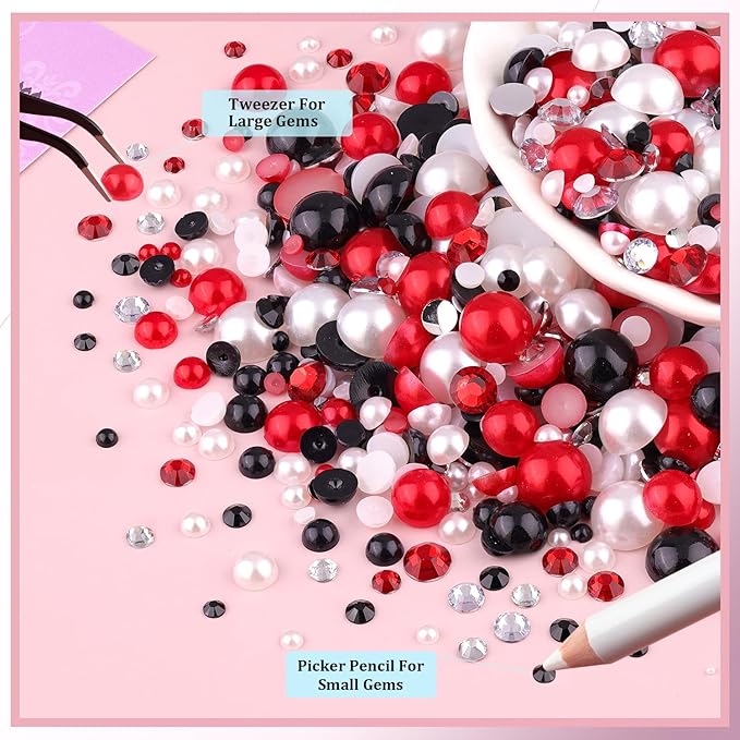 14000Pcs Flatback Pearls and Rhinestones for Crafting, Red White Black Mixed Size 3-8mm Resin Rhinestones and Half Pearls for Bedazzling, Nail Art and Decoration with 3pcs B7000 Jewelry Glue