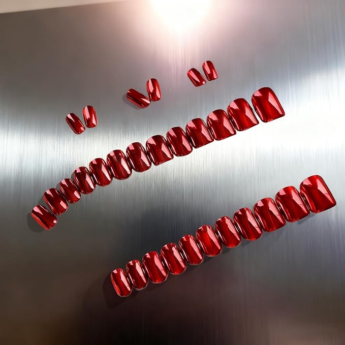Chrome Press on Nails Short Square, Metallic Red Fake Nails with a Sparkle Mirror Finish, Glitter Glue on Nails for Women Birthday Party, Thick Quality Soft Gel Nail Press ons 30 Pcs