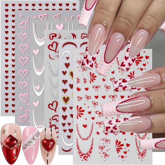 6 Sheets Valentines Day Nail Art Stickers French Tip Nail Stickers Red Pink Love Bow French Designs Cute Nails Art Supplies Romantic Heart Nail Decals for Women Holiday Manicure Decorations DIY