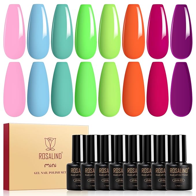 ROSALIND Neon Gel Nail Polish, 8 Colors Macaron Gel Polish Soak Off UV Pastel Yellow Pink Green Nail Polish Set for Home Salon Manicure
