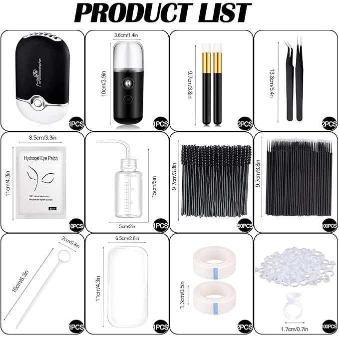 Eyelash Extension Supplies USB Air Conditioning Blower Facial Mister Lash Tweezers Mirror Mascara Brush Lash Shampoo Brush Bottle Silicone Pad Glue Rings Under Eye Gel Pads Micro Applicators Tapes
