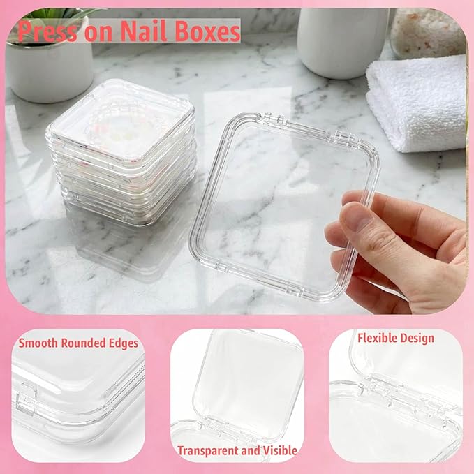 Clear Press On Nail Storage Containers 12-Pack Stackable Cases, Press Ons Nail Packaging Organizer Case, Acrylic Tips and Fake Nails Display Box for Travel and Salon Use (Clear 02)
