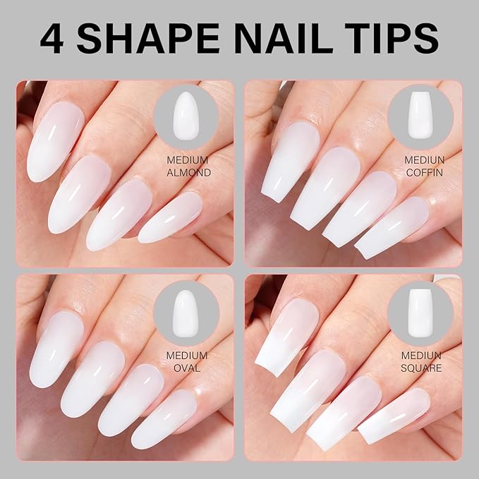 AILLSA Milky White Press on Nails Medium Almond, 112 Pcs 4 Shapes Soft Nail Tips Acrylic Fake Nails Press Ons Set, Pre-Applied Primer Long Lasting False Nail Extensions for Manicure Home DIY