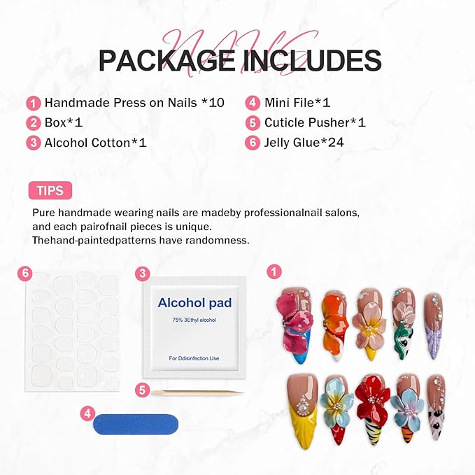 Flower Press on Nails French Medium Almond Acrylic Nail 3D Colorful Floral Design Rhinestone Handmade Press on Nails Reusable Full Cover Thick False Nail Stick on Nails for Women（Size M)