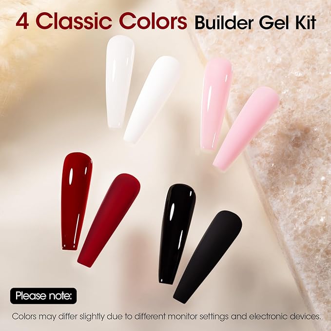 GELLEN Builder Gel for Nails - 4 Colors Red Black Pink Milky Jelly White Nail Extension 10 In 1 Hard Gel Sculpting Apex Building Salon at Home for Beginner & Professional, UV & LED Lamp Cured