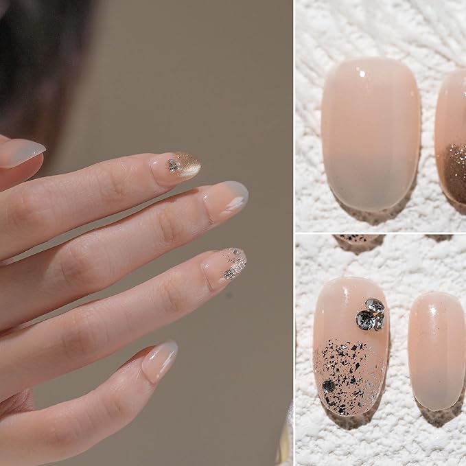Sun&Beam Nails Handmade Press-on Short Round Orange Rhinestone Ombre Hand-Painted Design Fashion False Nail Tips 10 Pcs Set (#234 XS)