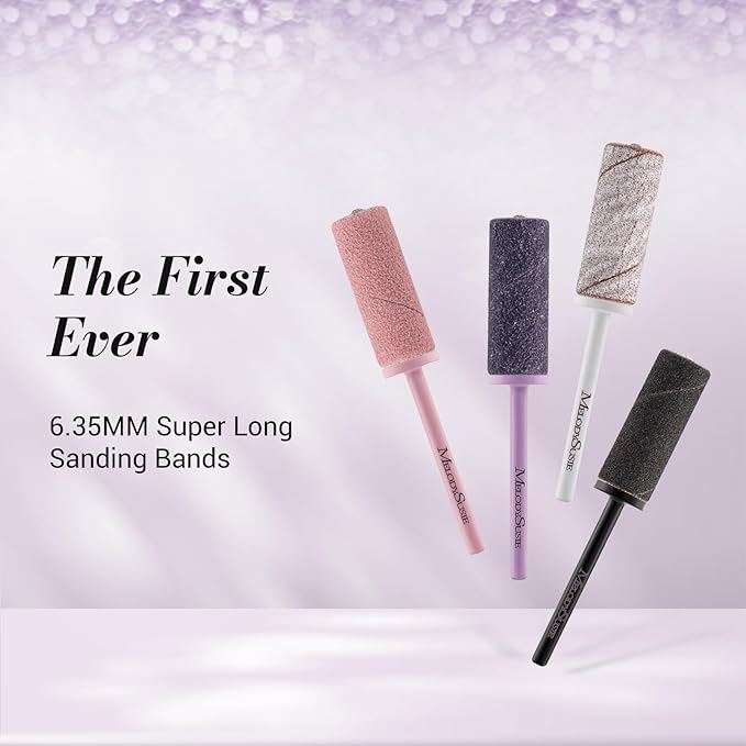 MelodySusie 50 Pcs Nail Drill Bits Super Long Sanding Bands with 6.65mm Crystal Mandrel Bit, 180 Fine Grit Nail File for Acrylic Nails Gel Manicures and Pedicure, Purple