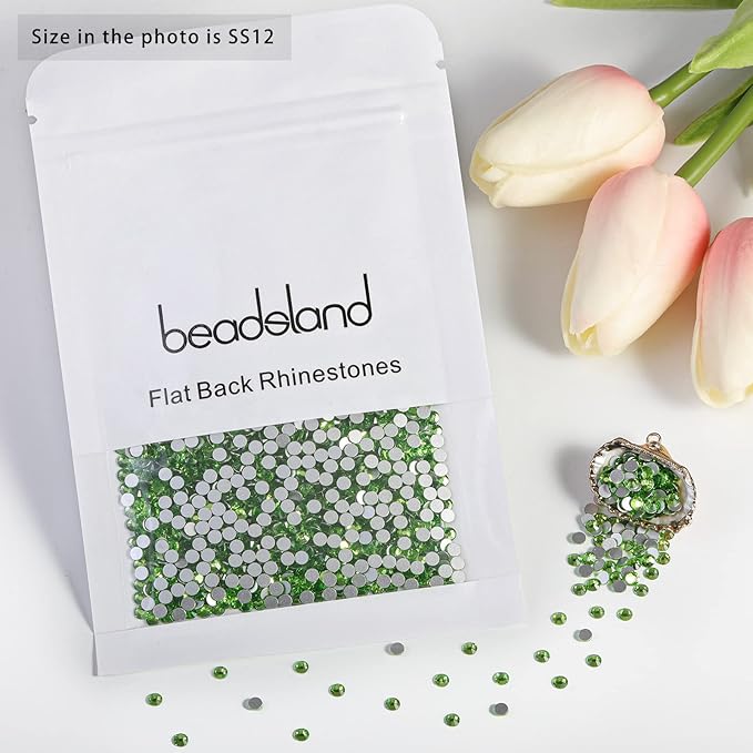 Beadsland Flat Back Crystal Rhinestones Round Gems for Nail Art and Craft Glue Fix, Light Green, 3.0-3.2mm, SS12/1440pcs