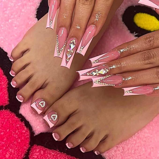 48Pcs Square Press on Nails Long & Press on Toenails Set, Pink French Tip Fake Nails Rhinestone Designs Pink Press on Toenails Full Cover Acrylic Glue on Nails for Women Manicure Kit