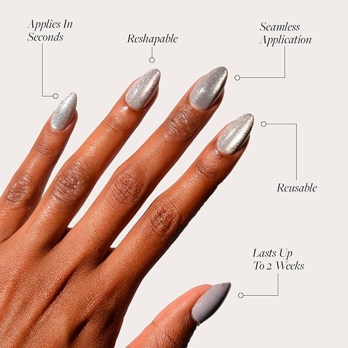 Glamnetic Press On Nails - Oslo Fake Nails | Short Almond Silver Shimmer Nails with a Cat Eye Finish | 15 Sizes - 30 Nail Kit with Glue