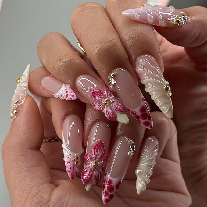Long Square Press on Nails Pink Fake Nails with Black Bows and Crystal Rhinestones Luxurious Custom Stick on Nail for Women 24pcs