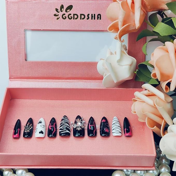2025 Dark Series Pure Handmade Pressed Full Stick Medium Almond Nails Hand-painted Designs Reusable Acrylic Press on Nails with Rhinestones Fake Nails w/Box Ladies Gifts (Dark Pattern, Medium)