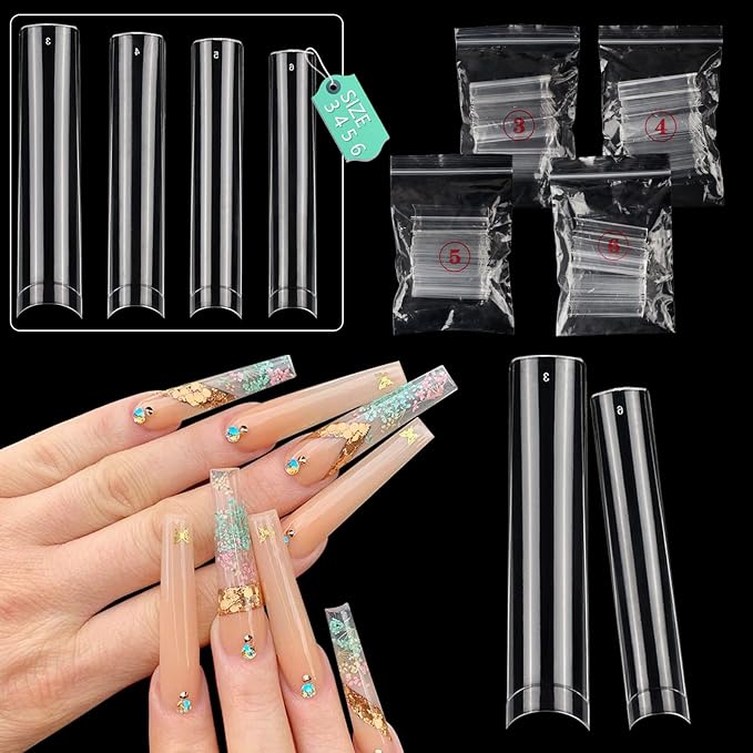 Individual Size 3 4 5 6 No C Curve Nail Tips for Acrylic Nails Professional, 200PCS 3XL Extra Long, Half Cover Straight Tapered Square Nail Tips 4 Mostly Used Sizes