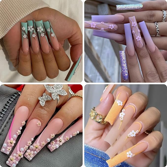 Mixed 3D Flower Nail Charms and Metal Caviar Beads, Acrylic Resin Flowers Nail Design Gold Silver Nail Ball Beads for DIY Decoration Nail Craft Accessories With Pickup Pencil(Bright Colors)