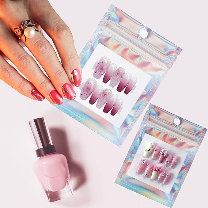 100 PCS Press on Nail Packaging Bag for False Nail Tips Holographic Press On Nail Storage Bag 100 PCS White Card with 2 Roll Transparent Tape for Nail Display Fake Nail Storage Organizer Nail Supplies