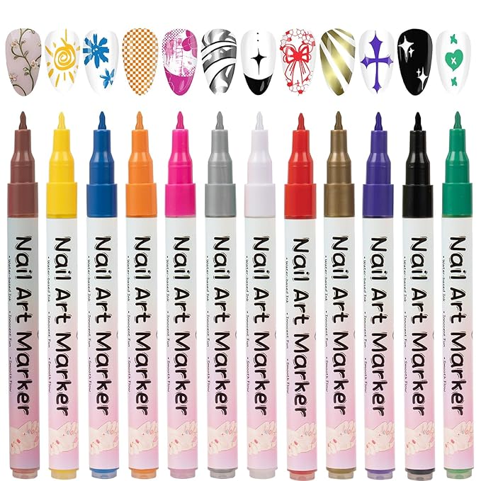 12 Colors Nail Art Pens Set, 3D 0.5MM Nail Polish Pens, DIY Nail Markers, Quick Drying Long Lasting Paint Graffiti Point Dotting Liner Pen Tools for Home & Salon