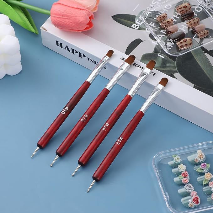 4 PCS Gel French Tip Nail Brush, 2-Way French Manicure Brush for Nails, Wooden Handle French Tip Tool, Nail Brushes for Nail Art Design Professional Manicure(10# 12# 14# 16#, Red)