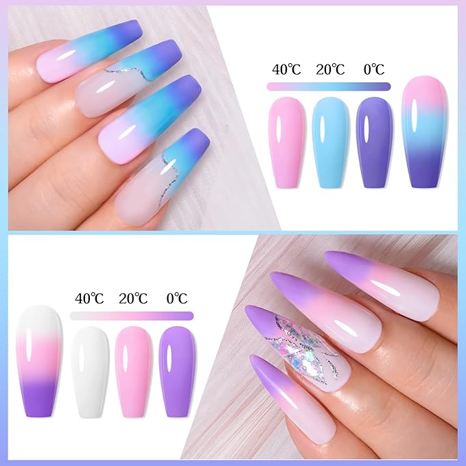 MEET ACROSS Color Changing Gel Nail Polish Set of 12 Temperature Changing Colors Gel Polish Including Pink Purple Orange Mood Changing Gel Manicure Kit for Nail Art Home DIY