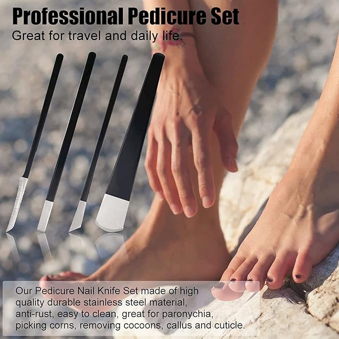4Pcs Pedicure Knife Set, Ingrown Toenail Knife, Steel Ingrown Toenail Removal Kit, Professional Callus Shaver, Foot Scraper for Dead Skin Corn Remover Tool with Storage Bag