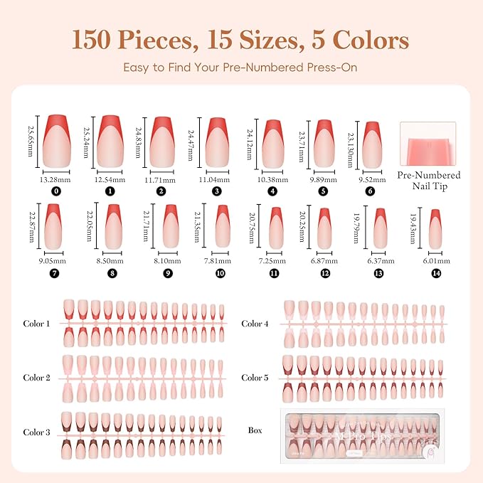 PEACECOLOR French Tip Press On Nails Kit - 150Pcs Long Coffin 5 Colors Nail Tips Gel Nail Kit with U V Light Base & Top Coat Starter Kit Nail Glue Manicure Set Fake Nails DIY Gift for Women Girls Home