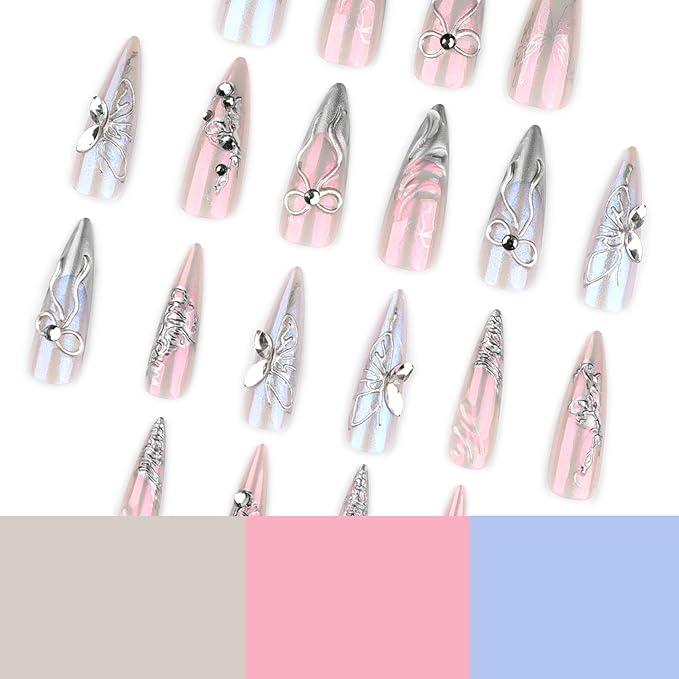 Long Press on Nails Stiletto Fake Nails Silver Artificial Nail Butterfly and Bow Designs Sparkly Stick on Nail for Women 24pcs