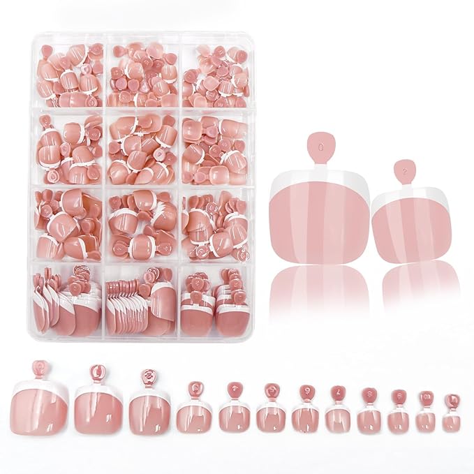 240Pcs White French Tip Press on Toenails Short Toenail Press Ons Square for Women, Nude Pink Press on Toe Nails with Glue,Full Cover Glossy Fake Toenails in 12 Sizes Toenails Kit