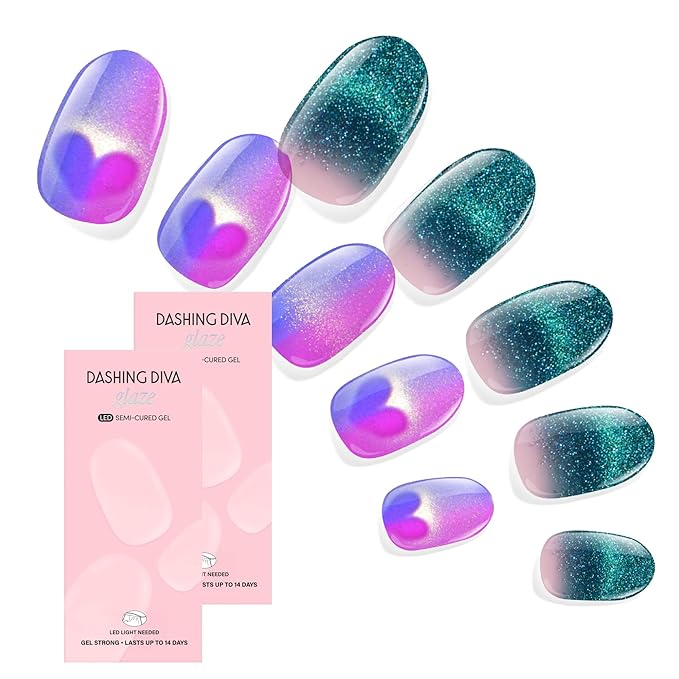 Dashing Diva Glaze Nail Strip Duo - Cosmic Hearts Collection - It's Science, Duh & He's Cuter In Person - Long Lasting, Chip Resistant, Semi-Cured Gel Nail Strips - Contains 2 Colors