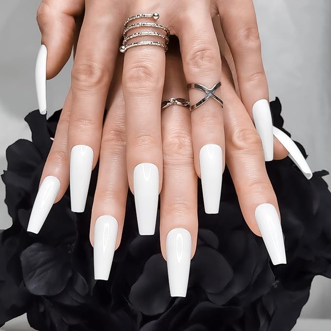 Hypnaughty 24 Pcs Classic White Glossy Extra Long Coffin Press On Nails and Glue XL Reusable Solid Color Luxury False Nails (Classic White)