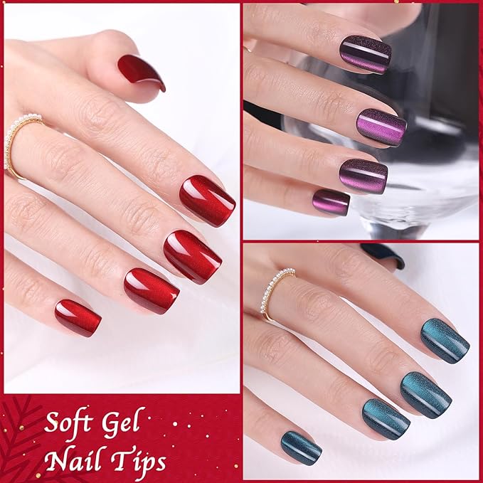 Press on Nails Short Square, OPkssnails 150pcs Glittering Cat Eye Soft Gel Nail Tips, Reusable & Natural Acrylic False Nails for Women and Girls Stick on Nails in 15 Sizes