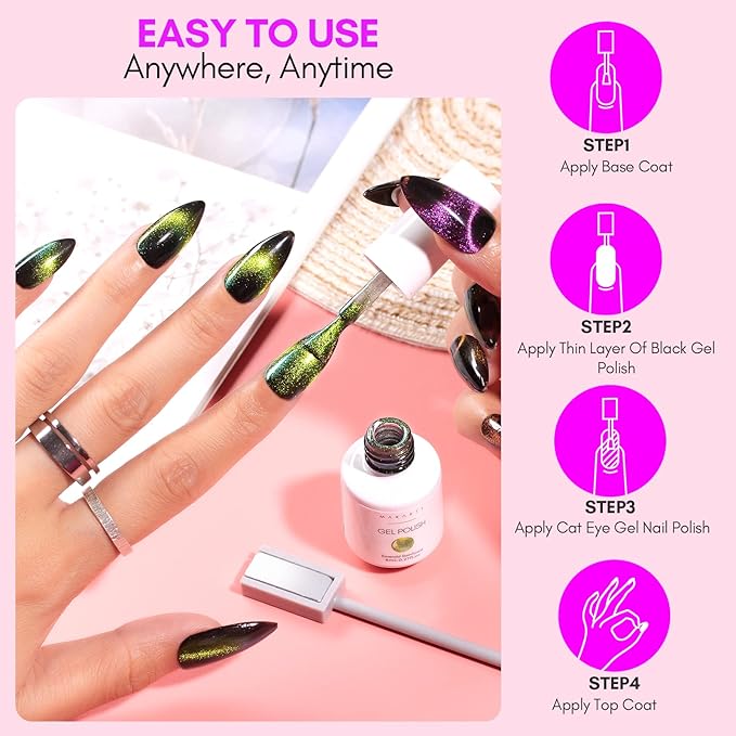 Makartt 9D Magnetic Cat Eye Gel Nail Polish Set, 6 Colors (Yellow, Purple, Silver, Rose Red, Green, Black Hole Effect) with Magnet Stick, 8ml – Soak Off DIY Manicure & Nail Art Supplies