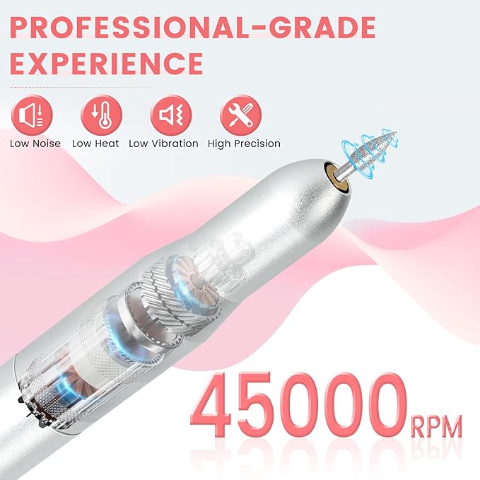 Electric Nail Drill Professional, 45,000RPM Electric Nail File with 12 Drill Bits & 50 Sanding Bands,Rechargeable Long Battery Life, Low Noise Cordless Nail Drills Machine,Efile Nail Drill Kit