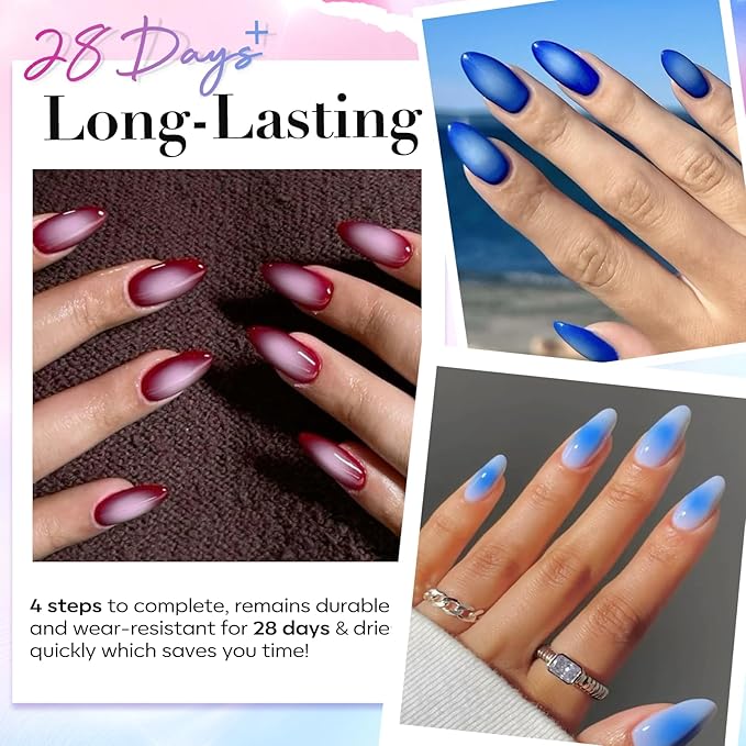 AZUREBEAUTY Dip Powder Nail Kit, Pinkish Blue Ombré 4 Colors Upgraded Brush One-Step Dipping Powder with Base & Top Coat Activator for French Nail Art Manicure Salon DIY at Home
