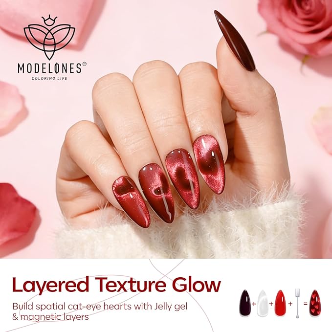 modelones Red Gel Nail Polish Set, 6 Colors 2026 Burgundy Bloody Wine Dark Red Jelly Pearl Glitter Gel Polish Silver Cat Eye Nail Polish with Liner Pen& Magnet& Wooden Stick LED Gift
