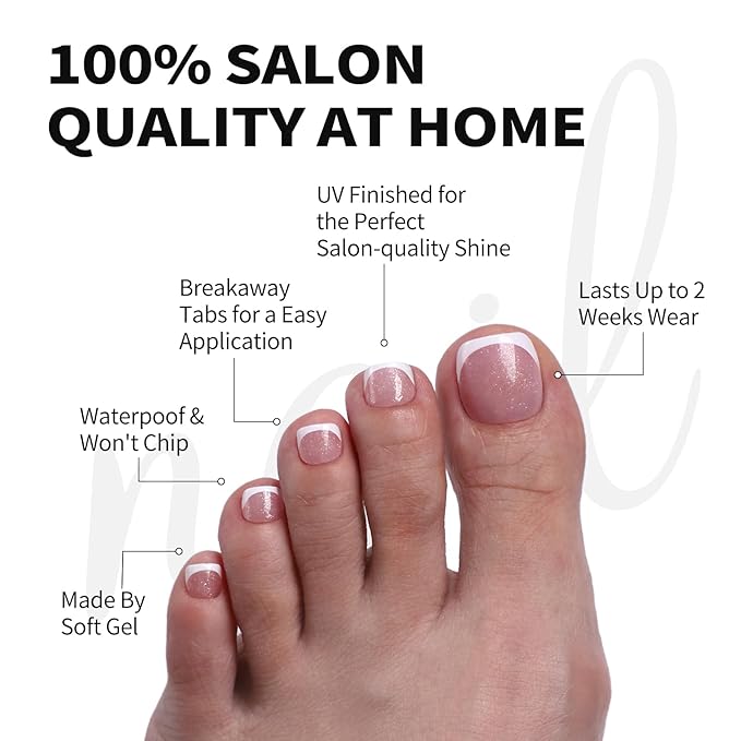 Soft Gel Press on Toenails Short - SHANGMENG White French Tips Toenails Press ons for Women, Fit Naturally Press on Toe Nails in 16 sizes - 32 pcs Fake Toenails with Glue, Shimmery French