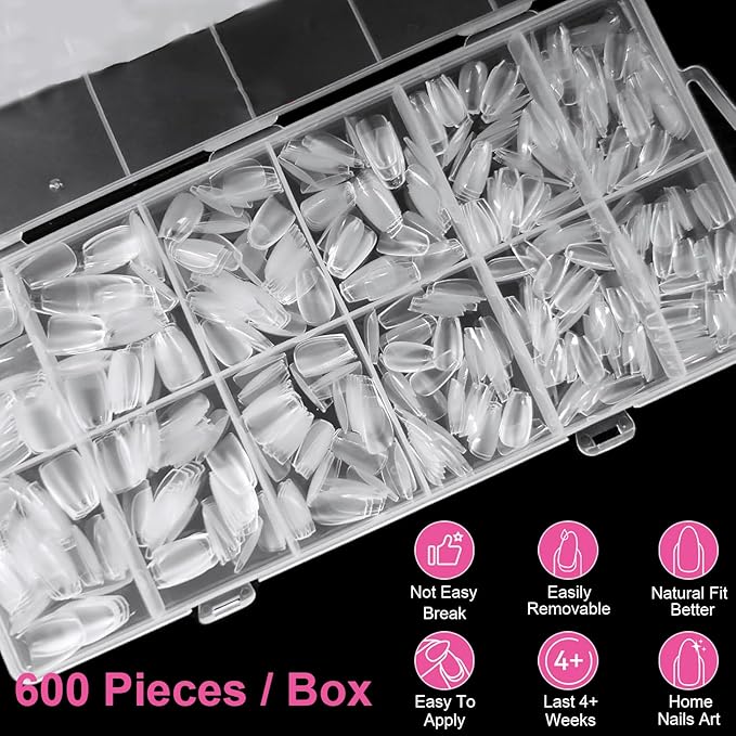 BlueZOO Extra Short Coffin Fake Nails Soft Gel Nail Tips, 600Pcs Full Cover Clear Press On Nails for Acrylic Nail Tip Soak Off Home DIY Salon, False Nail Tips for Beginner and Professional Manicure