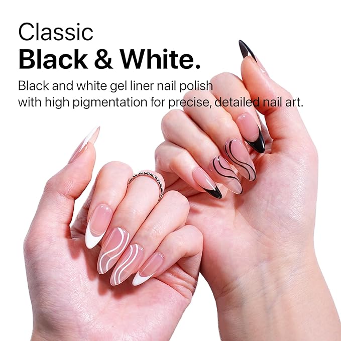 SXC Cosmetics Gel Liner Nail Art Set – Black & White 2pcs Gel Liner Nail Art Chrome 3D High-Gloss Effect for Nail Paint Design with Thin Brush DIY French Manicure Curing Requires