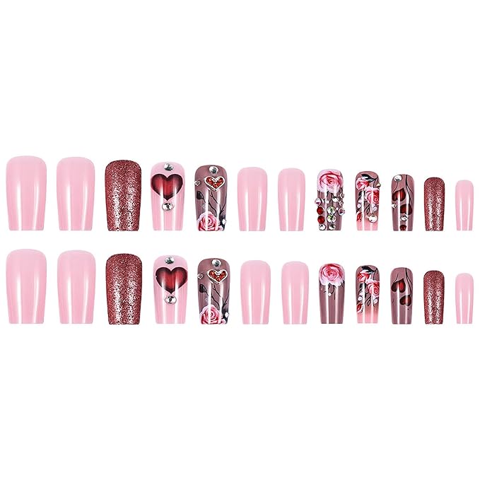 Coffin Press on Nails Medium Length Fake Nails Glitter Nails Press Ons Valentines Day Acrylic Nails With Cute Heart and Flower Design Glue on Nails Square Full Cover Artificial Nails for Women 24Pcs