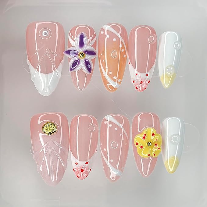 Luxury Press on Nails Medium Almond Handmade 3D Unique Reusable ABS Material Fake Nails French Tip False Nails with Designs Yellow&Purple Floral Art Petal Glossy Glue on Nails Thick Acrylic Nails(S)