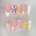 Luxury Press on Nails Medium Almond Handmade 3D Unique Reusable ABS Material Fake Nails French Tip False Nails with Designs Yellow&Purple Floral Art Petal Glossy Glue on Nails Thick Acrylic Nails(M)