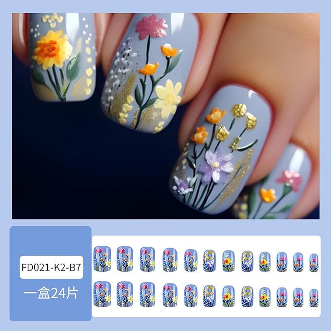 Short Press on Nails Square Fake Nails with 3D Flower Designs Colorful Glue on Nails Gold Glitter Acrylic Nails Spring Summer False Nails Glossy Full Cover Stick on Nails for Women Girls 24Pcs