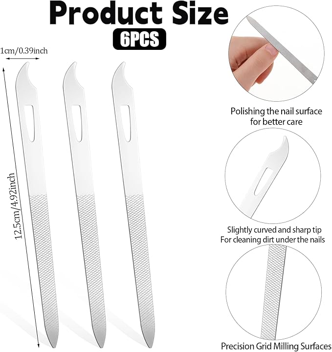 6PCS Metal Fingernail File, Double Sided Metal Nail File, Durable Thin Stainless Steel Nail Files for Filing Polishing, Manicure Pedicure Toenails Gentle Care Tools