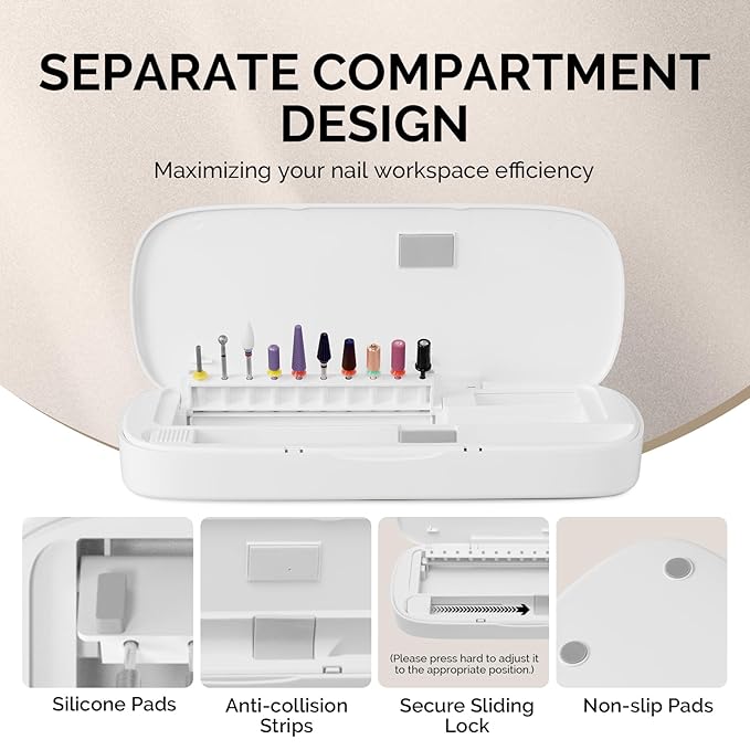 MelodySusie Acrylic Nail Tool Storage Box, Portable Dustproof Stand Displayer Holder Organizer Container Manicure Efile Accessories Nail Drill Kit Case, Travel Salon Home, White(Only Box)