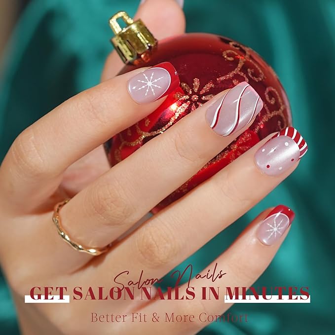Press On Nails Short - Jofay Fashion Cat Eye Press On Nails Square, Red Candy Cane Fake Nails with Glue, Glossy Reusable Acrylic Nail Tips in 16 Sizes, Christmas Stick On Nails for Women Girls Gift