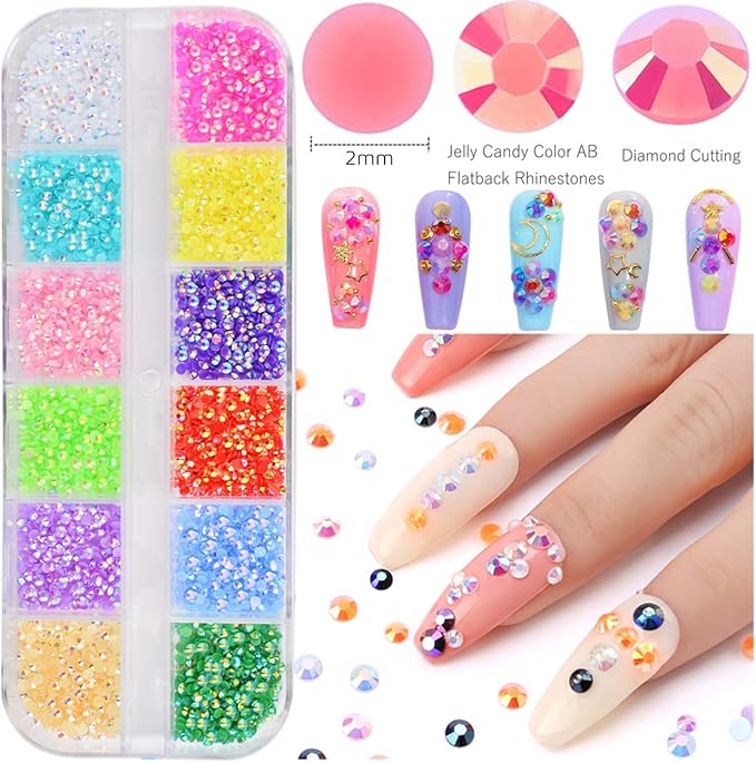 5 Boxes 13200pcs Sparkling Crystal Nail Rhinestones Pearls Kit, Flatback Multicolor Transparent Jelly AB Mermaid Gems with Pick Up Pen and Curved Tweezers for Manicure Salon & Craft DIY Designs (2mm)