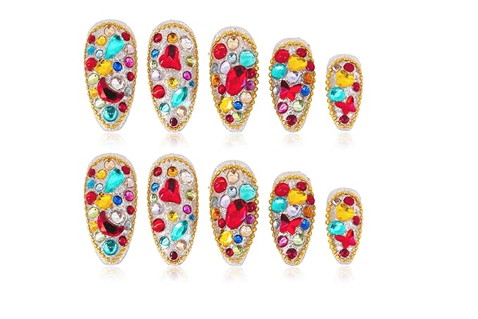 24Pcs Handmade Press on Nails, Bling Rhinestones Medium Length Almond Shape Fake Nails with Colorfull Design,Cute Manicure Kit for Women and Girls