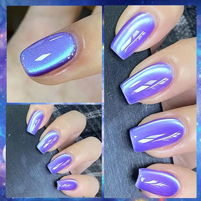 Neptune Purple Glass Cat Eye Gel Nail Polish with Magnet Stick, Blue Light Planet Cats Eye Gel Magnetic Cat Eyes Ceramic Crystal Silk Velvet Effect Sock Off Professional Use for Salon