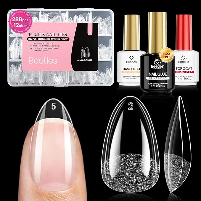 Beetles Gel Nail Kit Etch-X, Almond Short, 288pcs 12 Sizes Nail tips, 3Pcs 15ml HEMA-Free Nail Glue Top Coat & Base Gel Set, for Acrylic and Clear Press On Nail, Long Lasting Extension DIY Set at Home